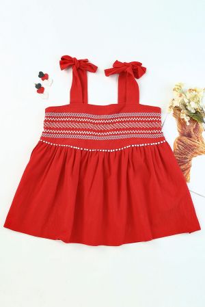 Fiery Red Embroidered Babydoll Tie Strap Tank Top