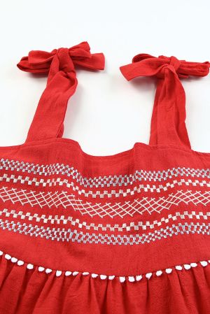 Fiery Red Embroidered Babydoll Tie Strap Tank Top