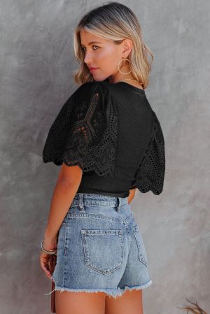 Black Scalloped Eyelet Sleeve Ribbed Knit Top