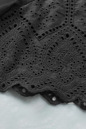 Black Scalloped Eyelet Sleeve Ribbed Knit Top