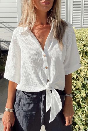 White Textured Knotted Button-up Half Sleeve Shirt