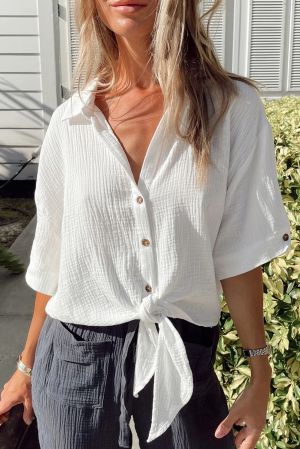 White Textured Knotted Button-up Half Sleeve Shirt