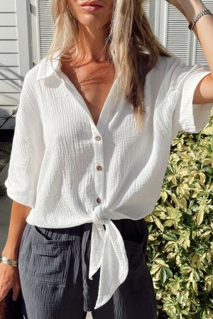 White Textured Knotted Button-up Half Sleeve Shirt