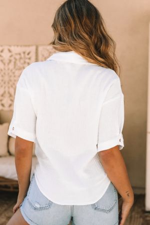 White Textured Knotted Button-up Half Sleeve Shirt