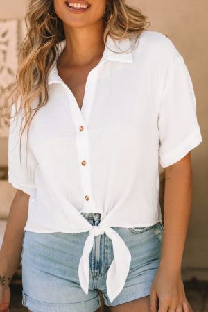 White Textured Knotted Button-up Half Sleeve Shirt