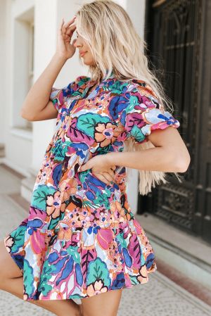 Multicolor Floral Print V Neck Puff Sleeve Mini Dress