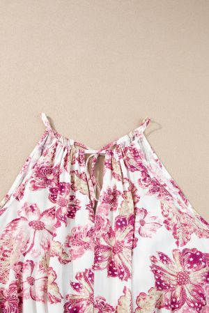 Pitaya Pink Hollowed Halterneck Floral Peplum Tank Top