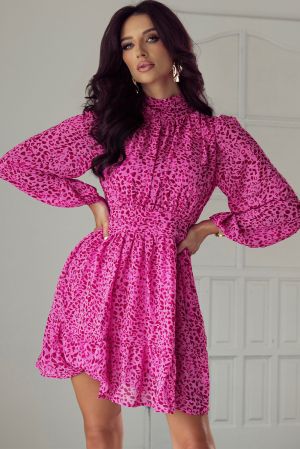 Rose Leopard Puff Sleeve Knotted High Neck Ruffle Dress