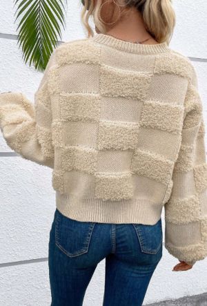 Pink Colorblock Textured Knit Bubble Sleeve Sweater