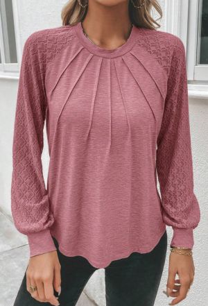 Gray Contrast Lace Raglan Sleeve Plicated Knit Top