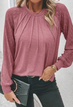 Gray Contrast Lace Raglan Sleeve Plicated Knit Top