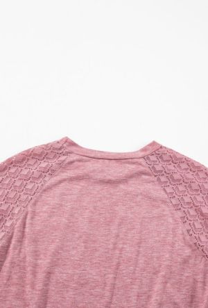 Gray Contrast Lace Raglan Sleeve Plicated Knit Top