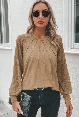 Gray Contrast Lace Raglan Sleeve Plicated Knit Top