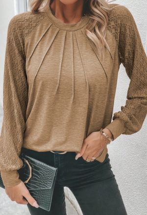 Gray Contrast Lace Raglan Sleeve Plicated Knit Top