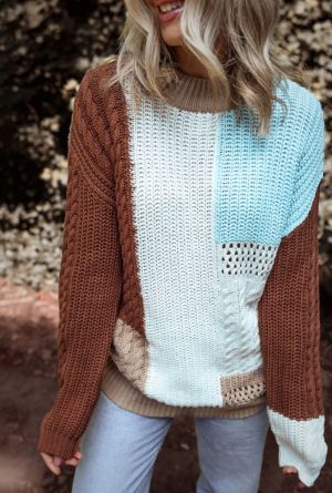 Pink Colorblock Textured Knit Bubble Sleeve Sweater