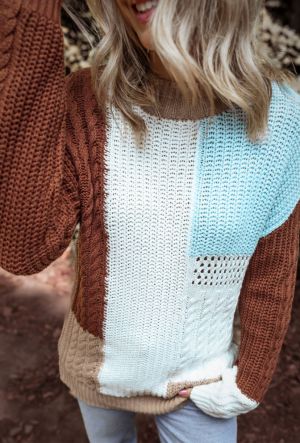 Khaki Mix Textured Knit Colorblock Patchwork Sweater