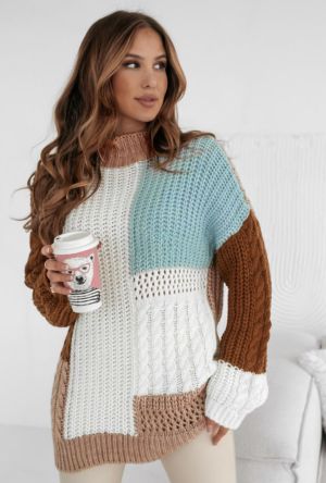 Khaki Mix Textured Knit Colorblock Patchwork Sweater