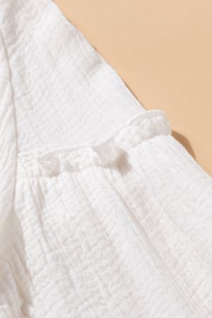 White Casual Balloon Sleeve Crinkled Top