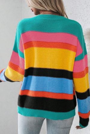 Pink Colorblock Textured Knit Bubble Sleeve Sweater