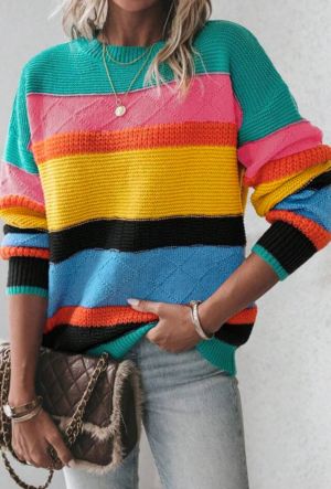 Pink Colorblock Textured Knit Bubble Sleeve Sweater