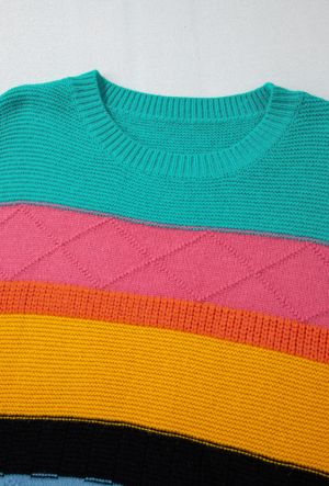 Pink Colorblock Textured Knit Bubble Sleeve Sweater