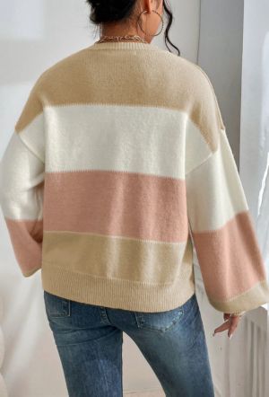 Dusty Pink Color Block Lantern Sleeve Drop Shoulder Sweater