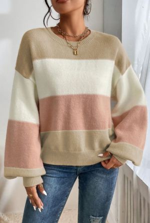 Dusty Pink Color Block Lantern Sleeve Drop Shoulder Sweater