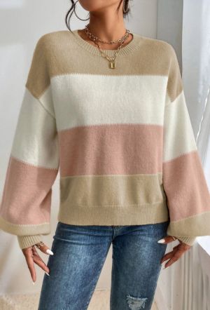 Dusty Pink Color Block Lantern Sleeve Drop Shoulder Sweater