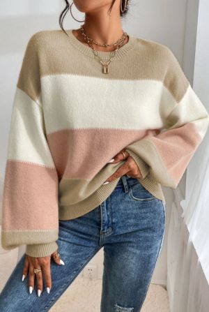 Pink Colorblock Textured Knit Bubble Sleeve Sweater