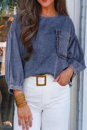 Beau Blue Ruffled Long Sleeve Buttoned Denim Shirt