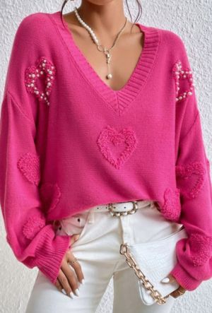 Pink Colorblock Textured Knit Bubble Sleeve Sweater