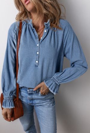 Beau Blue Ruffled Long Sleeve Buttoned Denim Shirt