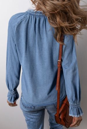 Sky Blue Frilled Raw Hem Half Buttoned Denim Top