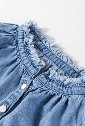 Sky Blue Frilled Raw Hem Half Buttoned Denim Top