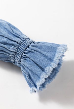 Sky Blue Frilled Raw Hem Half Buttoned Denim Top