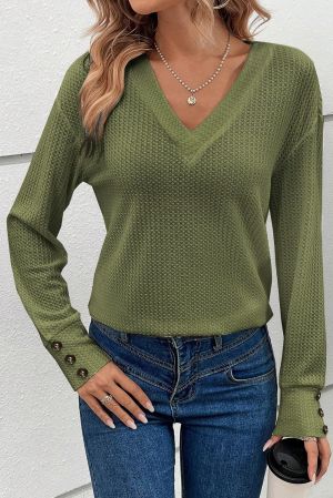 Jungle Green Textured Knit V Neck Button Cuffs Long Sleeve Top