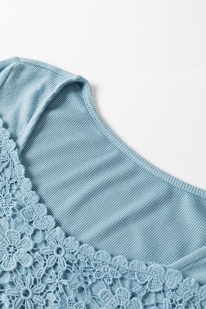 Sky Blue Lace Crochet V Neck Long Sleeve Top