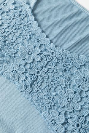 Sky Blue Lace Crochet V Neck Long Sleeve Top