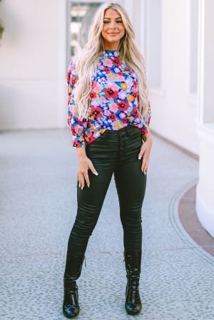 Blue Mock Neck Bubble Sleeve Floral Print Blouse