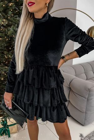 Black Velvet High Neck Tiered Ruffle Mini Dress