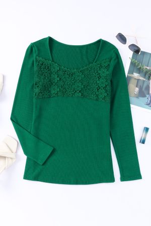 Green Lace Crochet V Neck Long Sleeve Top