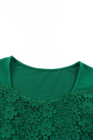 Green Lace Crochet V Neck Long Sleeve Top