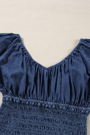 Dark Blue Smocked Ruffled Puff Sleeve V Neck Denim Blouse