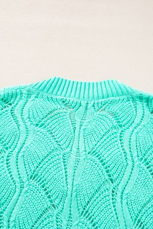 Mint Green Hollow Out Knit V Neck Drop Shoulder Sweater