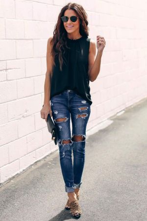 Black Ruffle Trim Neckline Tank Top