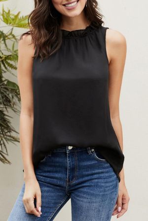 Black Ruffle Trim Neckline Tank Top