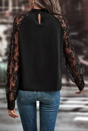 Black Lace Crochet Patchwork O Neck Long Sleeve Top