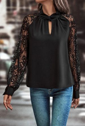 Black Lace Crochet Patchwork O Neck Long Sleeve Top