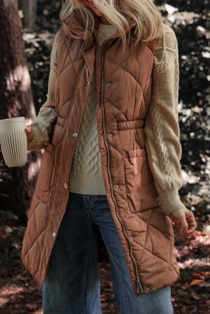 Coffee Longline Quilted Stand Collar Puffer Vest