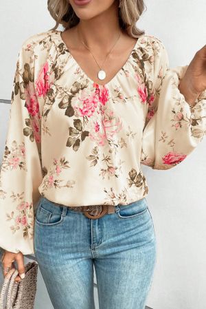 Beige Floral Print Lantern Sleeve V-Neck Blouse